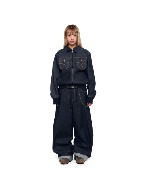 Banding Denim Zip-Up Jacket (Dark Blue)（デニムジャケット）｜AAKAM