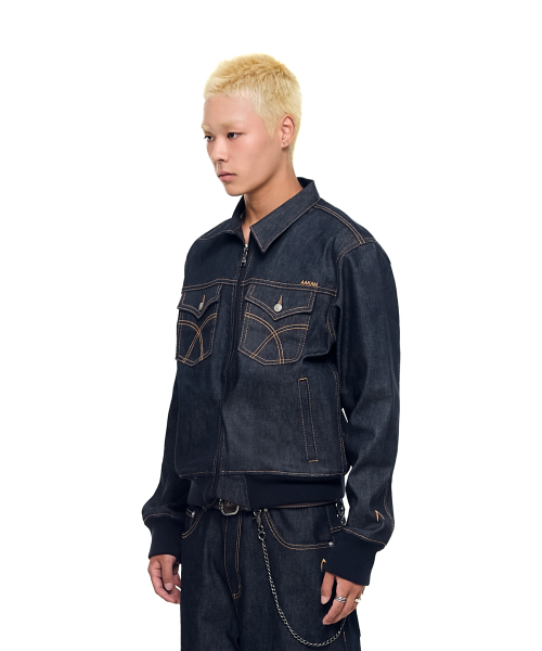 Banding Denim Zip-Up Jacket (Dark Blue)（デニムジャケット）｜AAKAM