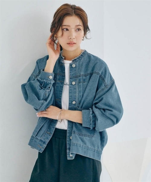 nissen(ニッセン)の「ノーカラーオーバーサイズデニムジャケット(その他アウター・レディース・ブルー系/ネイビー系・S~M/L~LL)」の2枚目の写真