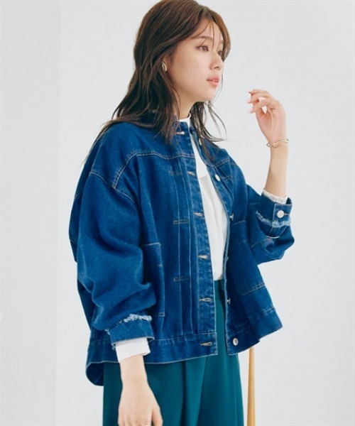 nissen(ニッセン)の「ノーカラーオーバーサイズデニムジャケット(その他アウター・レディース・ブルー系/ネイビー系・S~M/L~LL)」の6枚目の写真