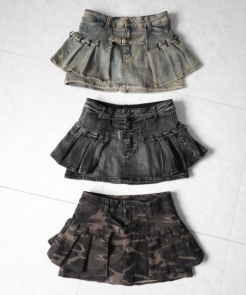 me+em select(ミームセレクト)の「【 インパン裏地付 】カモフラベルテッドマイクロプリーツミニスカパン / camouflage belted micro pleats skirt pants(スカート・レディース・カーキ・LARGE/MEDIUM/SMALL)」の3枚目の写真