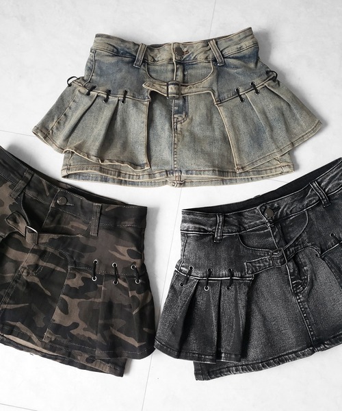 me+em select(ミームセレクト)の「【 インパン裏地付 】カモフラベルテッドマイクロプリーツミニスカパン / camouflage belted micro pleats skirt pants(スカート・レディース・カーキ・LARGE/MEDIUM/SMALL)」の4枚目の写真