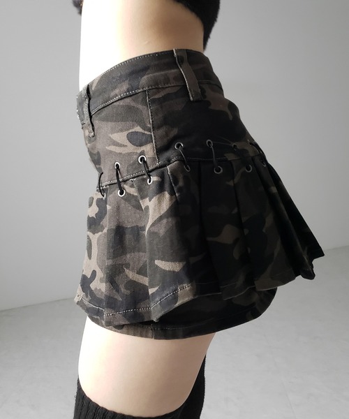 me+em select(ミームセレクト)の「【 インパン裏地付 】カモフラベルテッドマイクロプリーツミニスカパン / camouflage belted micro pleats skirt pants(スカート・レディース・カーキ・LARGE/MEDIUM/SMALL)」の9枚目の写真