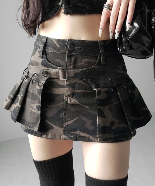 me+em select(ミームセレクト)の「【 インパン裏地付 】カモフラベルテッドマイクロプリーツミニスカパン / camouflage belted micro pleats skirt pants(スカート・レディース・カーキ・LARGE/MEDIUM/SMALL)」の12枚目の写真