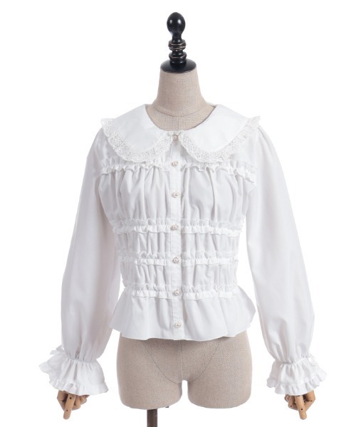 axes femme POETIQUE（アクシーズファムポエティック）の「シャーリングフリル丸襟ブラウス（シャツ/ブラウス・レディース・ホワイト/ブラック・MEDIUM）」の12枚目の写真