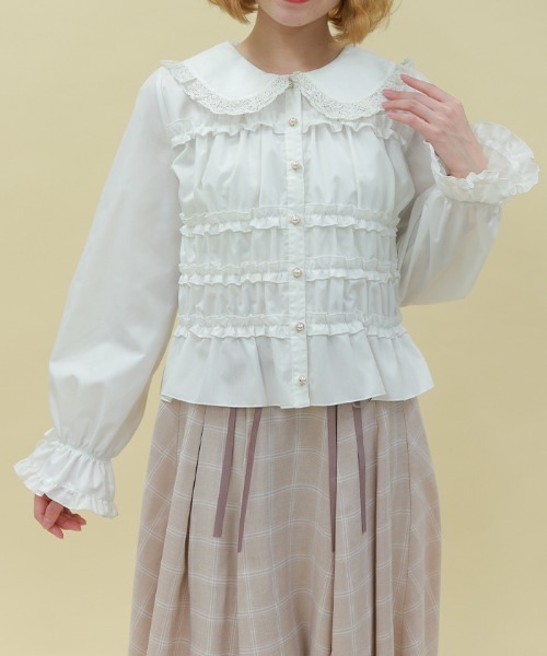 axes femme POETIQUE(アクシーズファムポエティック)の「シャーリングフリル丸襟ブラウス(シャツ/ブラウス・レディース・ホワイト/ブラック・MEDIUM)」の22枚目の写真