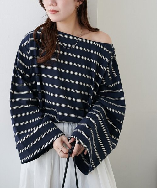 DISCOAT（ディスコート）の「2WAYワンショルボーダープルオーバー《WEB限定カラーあり》（Tシャツ/カットソー・レディース・ピンク/チャコールグレー/オフホワイト/ベージュ/ネイビー/ブラウン・FREE）」の16枚目の写真