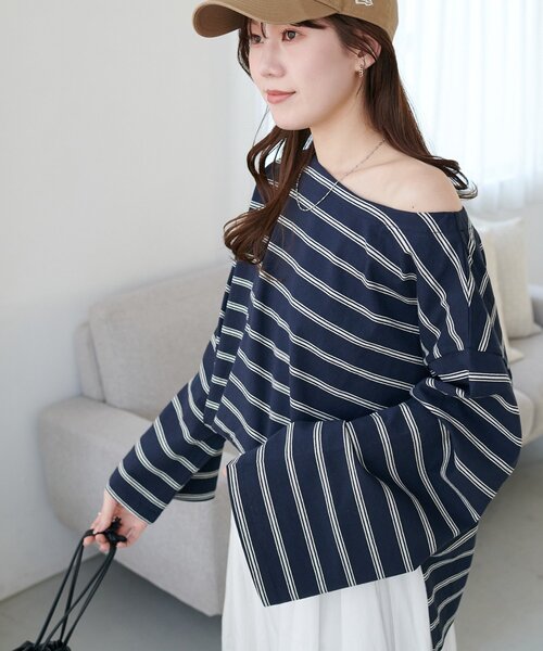 DISCOAT（ディスコート）の「2WAYワンショルボーダープルオーバー《WEB限定カラーあり》（Tシャツ/カットソー・レディース・ピンク/チャコールグレー/オフホワイト/ベージュ/ネイビー/ブラウン・FREE）」の19枚目の写真