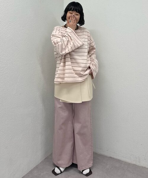 DISCOAT（ディスコート）の「2WAYワンショルボーダープルオーバー《WEB限定カラーあり》（Tシャツ/カットソー・レディース・ピンク/チャコールグレー/オフホワイト/ベージュ/ネイビー/ブラウン・FREE）」の9枚目の写真