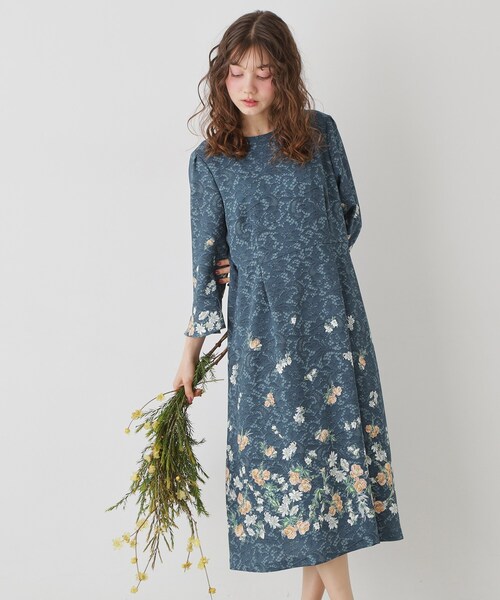 Sunauna(スーナウーナ)の「【SS~L】レースプリントワンピース(ワンピース・レディース・ネイビー系1/グレー系1/ブルー系1・34/40/38/36)」の1枚目の写真