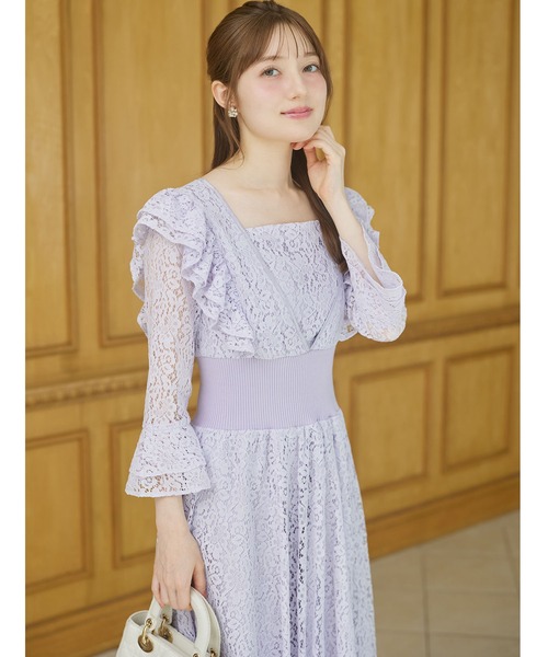 tocco closet(トッコ クローゼット)の「ウエストリブフリルレースワンピース(ワンピース・レディース・ラベンダー/ベージュ・M)」の14枚目の写真