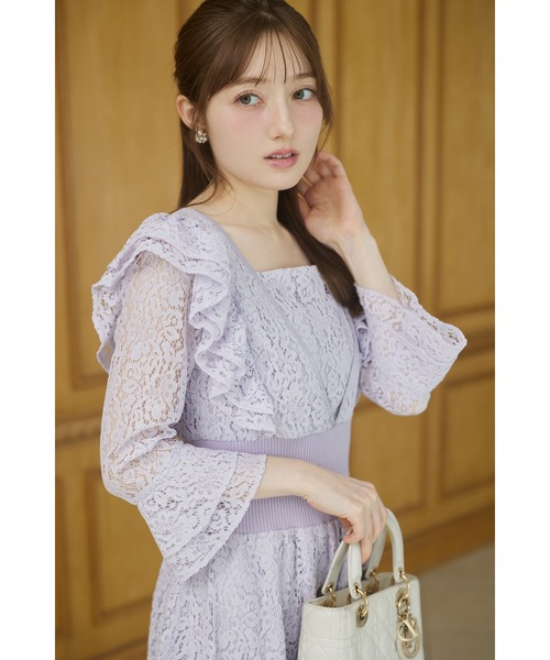 tocco closet(トッコ クローゼット)の「ウエストリブフリルレースワンピース(ワンピース・レディース・ラベンダー/ベージュ・M)」の15枚目の写真