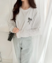ワンポイントブラックリボンロンT/長袖Tシャツ