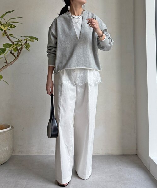 DouDou（ドゥドゥ）の「【WEB限定】Vネック裏毛×レースロンTEEセット（Tシャツ/カットソー・レディース・グレー/ベージュ/ダークグレー・FREE）」の18枚目の写真