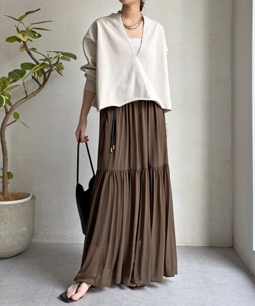 DouDou（ドゥドゥ）の「【WEB限定】Vネック裏毛×レースロンTEEセット（Tシャツ/カットソー・レディース・グレー/ベージュ/ダークグレー・FREE）」の5枚目の写真