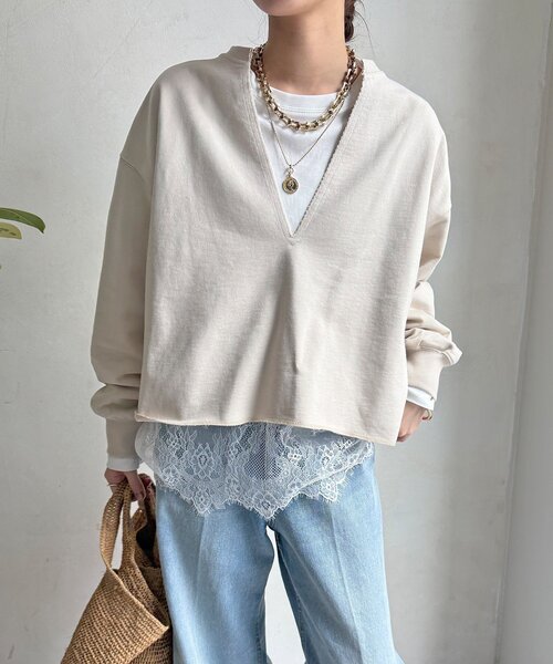 DouDou（ドゥドゥ）の「【WEB限定】Vネック裏毛×レースロンTEEセット（Tシャツ/カットソー・レディース・グレー/ベージュ/ダークグレー・FREE）」の7枚目の写真