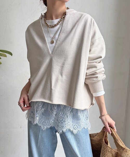 DouDou（ドゥドゥ）の「【WEB限定】Vネック裏毛×レースロンTEEセット（Tシャツ/カットソー・レディース・グレー/ベージュ/ダークグレー・FREE）」の8枚目の写真
