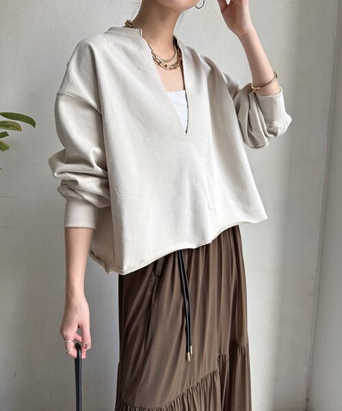 DouDou（ドゥドゥ）の「【WEB限定】Vネック裏毛×レースロンTEEセット（Tシャツ/カットソー・レディース・グレー/ベージュ/ダークグレー・FREE）」の12枚目の写真