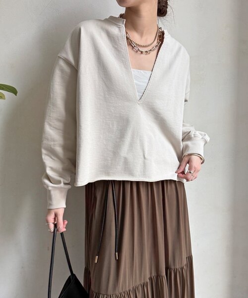 DouDou（ドゥドゥ）の「【WEB限定】Vネック裏毛×レースロンTEEセット（Tシャツ/カットソー・レディース・グレー/ベージュ/ダークグレー・FREE）」の14枚目の写真