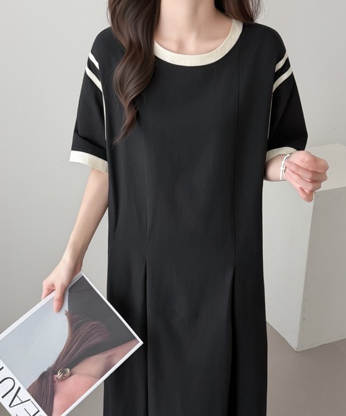 ABITOKYO（アビトーキョー）の「ウエストタック配色パイピングワンピース（ワンピース・レディース・ブルーグレー/ネイビー/ブラック・M/L）」の5枚目の写真