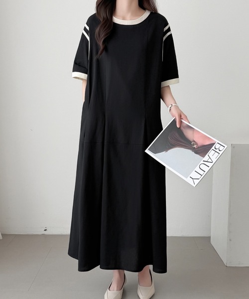 ABITOKYO（アビトーキョー）の「ウエストタック配色パイピングワンピース（ワンピース・レディース・ブルーグレー/ネイビー/ブラック・M/L）」の7枚目の写真