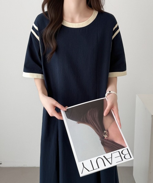ABITOKYO（アビトーキョー）の「ウエストタック配色パイピングワンピース（ワンピース・レディース・ブルーグレー/ネイビー/ブラック・M/L）」の21枚目の写真