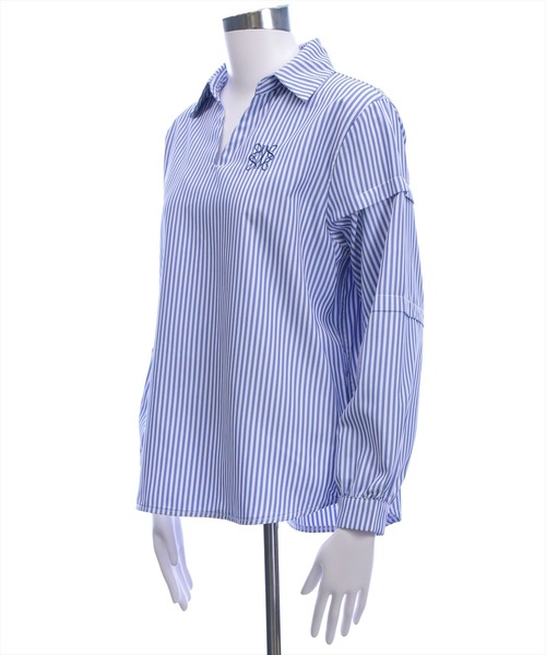 CLEAR BASIC（クリアベーシック）の「ワンポイント刺繍袖タックストライプシャツ[オフィスカジュアル 着回し抜群 大人]≪新作≫（シャツ/ブラウス・レディース・ミント/グレー/ブルー/キャメル・F）」の22枚目の写真