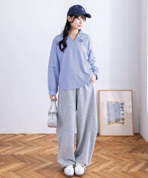 CLEAR BASIC（クリアベーシック）の「ワンポイント刺繍袖タックストライプシャツ[オフィスカジュアル 着回し抜群 大人]≪新作≫（シャツ/ブラウス・レディース・ミント/グレー/ブルー/キャメル・F）」の16枚目の写真