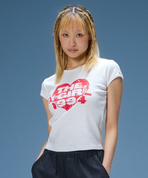 X-girl(エックスガール)の「GRUNGE HEART S/S BABY TEE(Tシャツ/カットソー・レディース・ブラック/ホワイト・S/M)」の3枚目の写真