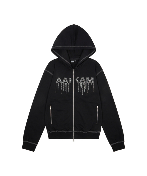 セール】AKM Rhinestone Zip-Up Hoodie (Black)（パーカー）｜AAKAM