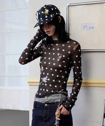 セール】ドット柄 シアー長袖 メロウ ハイネックトップス（Tシャツ