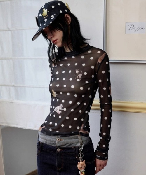 Ritzy（リッツィー）の「ドット柄シアーハイネックトップス（Tシャツ/カットソー・レディース・ホワイト/ブラック・L/M/S）」の4枚目の写真