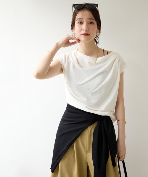 DISCOAT(ディスコート)の「【Noka】シャイニーリブドレープTシャツ(Tシャツ/カットソー・レディース・グレー/オフホワイト/ブラック・FREE)」の8枚目の写真