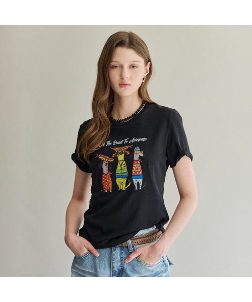 MAXZA（マージャコレクション）の「ハンドメイドビーディングドッグプリントTシャツ（Tシャツ/カットソー・レディース・ホワイト/ブラック・FREE）」の2枚目の写真