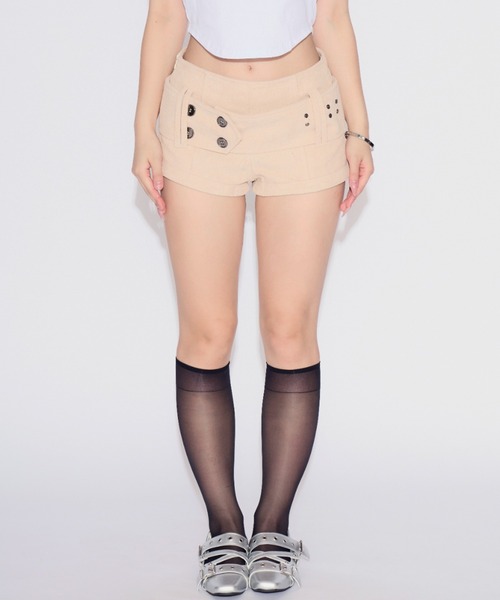 tinkerend（ティンカーエンド）の「Wide Belt Corduroy Shorts / ワイドベルトコーデュロイショーツ（スウェットパンツ・レディース・ブラック/ホワイト・1/2）」の4枚目の写真