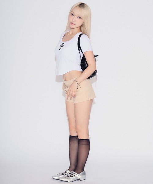 tinkerend（ティンカーエンド）の「Wide Belt Corduroy Shorts / ワイドベルトコーデュロイショーツ（スウェットパンツ・レディース・ブラック/ホワイト・1/2）」の9枚目の写真