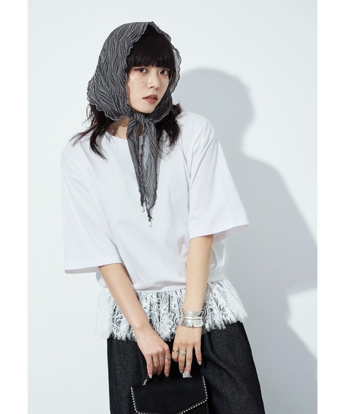 Fashion Letter(ファッションレター)の「接触冷感・UVカット・吸水速乾 レース切り替えオーバーサイズTシャツ(Tシャツ/カットソー・レディース・ブラック/ホワイト/ブルー/キャメル・M)」の2枚目の写真