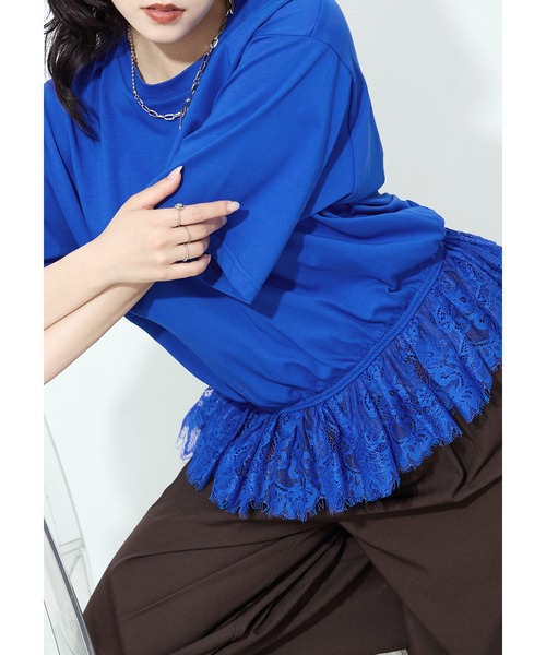 Fashion Letter(ファッションレター)の「接触冷感・UVカット・吸水速乾 レース切り替えオーバーサイズTシャツ(Tシャツ/カットソー・レディース・ブラック/ホワイト/ブルー/キャメル・M)」の4枚目の写真