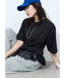 接触冷感・UVカット・吸水速乾 レース切り替えオーバーサイズTシャツ