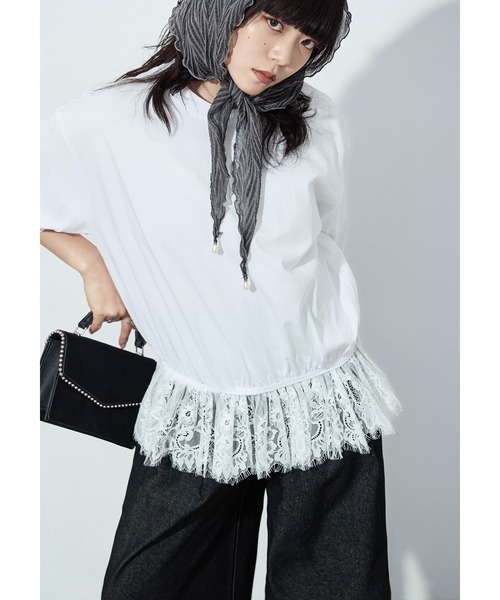 Fashion Letter(ファッションレター)の「接触冷感・UVカット・吸水速乾 レース切り替えオーバーサイズTシャツ(Tシャツ/カットソー・レディース・ブラック/ホワイト/ブルー/キャメル・M)」の5枚目の写真