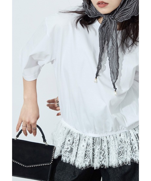 Fashion Letter(ファッションレター)の「接触冷感・UVカット・吸水速乾 レース切り替えオーバーサイズTシャツ(Tシャツ/カットソー・レディース・ブラック/ホワイト/ブルー/キャメル・M)」の6枚目の写真