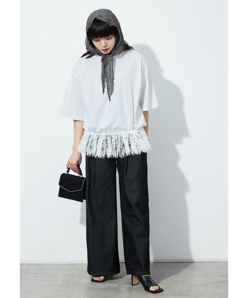 Fashion Letter(ファッションレター)の「接触冷感・UVカット・吸水速乾 レース切り替えオーバーサイズTシャツ(Tシャツ/カットソー・レディース・ブラック/ホワイト/ブルー/キャメル・M)」の8枚目の写真