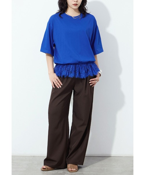 Fashion Letter(ファッションレター)の「接触冷感・UVカット・吸水速乾 レース切り替えオーバーサイズTシャツ(Tシャツ/カットソー・レディース・ブラック/ホワイト/ブルー/キャメル・M)」の14枚目の写真