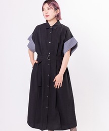 配色スリーブシャツワンピース