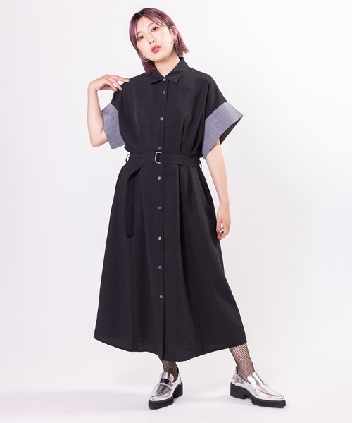 OSMOSIS（オズモーシス）の「配色スリーブシャツワンピース（ワンピース・レディース・ライトベージュ/ブラック/ブラウン・ONE SIZE）」の7枚目の写真