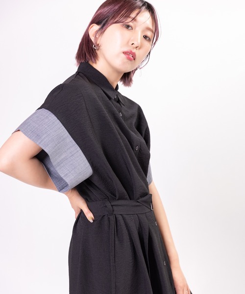 OSMOSIS（オズモーシス）の「配色スリーブシャツワンピース（ワンピース・レディース・ライトベージュ/ブラック/ブラウン・ONE SIZE）」の12枚目の写真