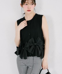 【ZOZO限定】フロントボタン裾リボン装飾ノースリーブニットトップス