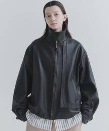 Clean Lamb Leather Asymmetrical Layered Zip Up Blouson