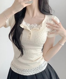 ヘンリーネック小花柄レイヤード半袖カットソー