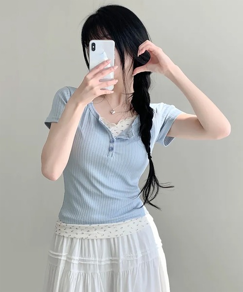 LAFFMO(ラフモ)の「ヘンリーネック小花柄レイヤード半袖カットソー(Tシャツ/カットソー・レディース・ブルー/ベージュ・L/M)」の12枚目の写真